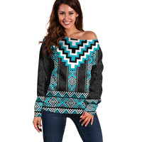 Turquoise Taniko Pattern Aotearoa Off Shoulder Sweater Niho Taniwha Mix Poutama LT14