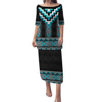 Turquoise Taniko Pattern Aotearoa Puletasi Niho Taniwha Mix Poutama LT14 Long Dress Turquoise - Polynesian Pride