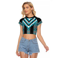 Turquoise Taniko Pattern Aotearoa Raglan Cropped T Shirt Niho Taniwha Mix Poutama LT14 Female Turquoise - Polynesian Pride