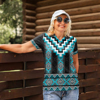 Turquoise Taniko Pattern Aotearoa Women Polo Shirt Niho Taniwha Mix Poutama LT14
