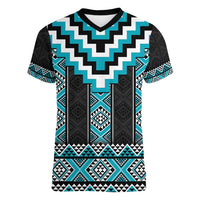 Turquoise Taniko Pattern Aotearoa Women V-Neck T-Shirt Niho Taniwha Mix Poutama LT14 Female Turquoise - Polynesian Pride
