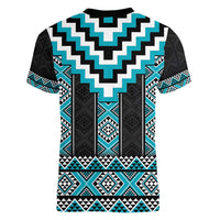 Turquoise Taniko Pattern Aotearoa Women V-Neck T-Shirt Niho Taniwha Mix Poutama LT14 - Polynesian Pride