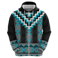 Turquoise Taniko Pattern Aotearoa Zip Hoodie Niho Taniwha Mix Poutama LT14