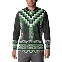 Green Taniko Pattern Aotearoa Button Sweatshirt Niho Taniwha Mix Poutama LT14 - Polynesian Pride