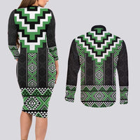 Green Taniko Pattern Aotearoa Couples Matching Long Sleeve Bodycon Dress and Long Sleeve Button Shirt Niho Taniwha Mix Poutama LT14 - Polynesian Pride