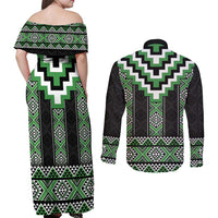 Green Taniko Pattern Aotearoa Couples Matching Off Shoulder Maxi Dress and Long Sleeve Button Shirt Niho Taniwha Mix Poutama LT14 - Polynesian Pride
