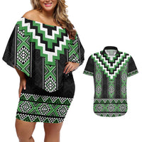 Green Taniko Pattern Aotearoa Couples Matching Off Shoulder Short Dress and Hawaiian Shirt Niho Taniwha Mix Poutama LT14 Green - Polynesian Pride