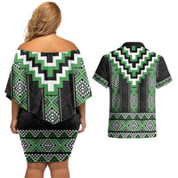 Green Taniko Pattern Aotearoa Couples Matching Off Shoulder Short Dress and Hawaiian Shirt Niho Taniwha Mix Poutama LT14 - Polynesian Pride