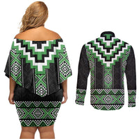 Green Taniko Pattern Aotearoa Couples Matching Off Shoulder Short Dress and Long Sleeve Button Shirt Niho Taniwha Mix Poutama LT14 - Polynesian Pride