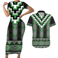 Green Taniko Pattern Aotearoa Couples Matching Short Sleeve Bodycon Dress and Hawaiian Shirt Niho Taniwha Mix Poutama LT14 Green - Polynesian Pride