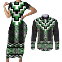 Green Taniko Pattern Aotearoa Couples Matching Short Sleeve Bodycon Dress and Long Sleeve Button Shirt Niho Taniwha Mix Poutama LT14 Green - Polynesian Pride