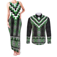 Green Taniko Pattern Aotearoa Couples Matching Tank Maxi Dress and Long Sleeve Button Shirt Niho Taniwha Mix Poutama LT14 Green - Polynesian Pride