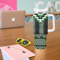 Green Taniko Pattern Aotearoa Tumbler With Handle Niho Taniwha Mix Poutama LT14 - Polynesian Pride