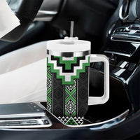 Green Taniko Pattern Aotearoa Tumbler With Handle Niho Taniwha Mix Poutama LT14 - Polynesian Pride