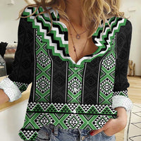 Green Taniko Pattern Aotearoa Women Casual Shirt Niho Taniwha Mix Poutama LT14