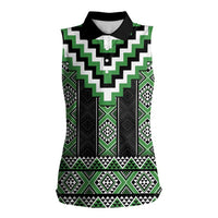 Green Taniko Pattern Aotearoa Women Sleeveless Polo Shirt Niho Taniwha Mix Poutama LT14 Female Green - Polynesian Pride