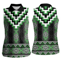 Green Taniko Pattern Aotearoa Women Sleeveless Polo Shirt Niho Taniwha Mix Poutama LT14 - Polynesian Pride