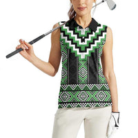 Green Taniko Pattern Aotearoa Women Sleeveless Polo Shirt Niho Taniwha Mix Poutama LT14 - Polynesian Pride