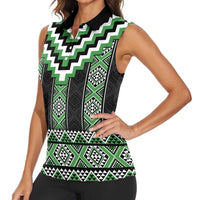 Green Taniko Pattern Aotearoa Women Sleeveless Polo Shirt Niho Taniwha Mix Poutama LT14 - Polynesian Pride