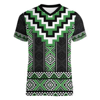 Green Taniko Pattern Aotearoa Women V-Neck T-Shirt Niho Taniwha Mix Poutama LT14 Female Green - Polynesian Pride