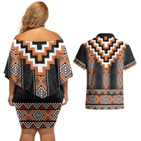 Orange Taniko Pattern Aotearoa Couples Matching Off Shoulder Short Dress and Hawaiian Shirt Niho Taniwha Mix Poutama LT14 - Polynesian Pride