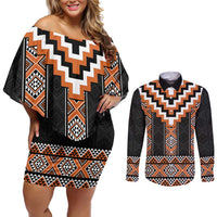 Orange Taniko Pattern Aotearoa Couples Matching Off Shoulder Short Dress and Long Sleeve Button Shirt Niho Taniwha Mix Poutama LT14 Orange - Polynesian Pride