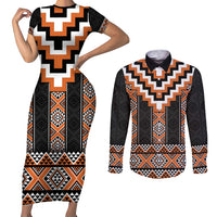 Orange Taniko Pattern Aotearoa Couples Matching Short Sleeve Bodycon Dress and Long Sleeve Button Shirt Niho Taniwha Mix Poutama LT14 Orange - Polynesian Pride