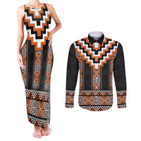 Orange Taniko Pattern Aotearoa Couples Matching Tank Maxi Dress and Long Sleeve Button Shirt Niho Taniwha Mix Poutama LT14 Orange - Polynesian Pride