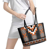 Orange Taniko Pattern Aotearoa Leather Tote Bag Niho Taniwha Mix Poutama LT14 - Polynesian Pride