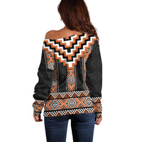 Orange Taniko Pattern Aotearoa Off Shoulder Sweater Niho Taniwha Mix Poutama LT14