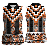 Orange Taniko Pattern Aotearoa Women Sleeveless Polo Shirt Niho Taniwha Mix Poutama LT14 - Polynesian Pride