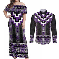 Purple Taniko Pattern Aotearoa Couples Matching Off Shoulder Maxi Dress and Long Sleeve Button Shirt Niho Taniwha Mix Poutama LT14 Purple - Polynesian Pride