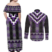 Purple Taniko Pattern Aotearoa Couples Matching Off Shoulder Maxi Dress and Long Sleeve Button Shirt Niho Taniwha Mix Poutama LT14 - Polynesian Pride