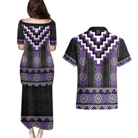 Purple Taniko Pattern Aotearoa Couples Matching Puletasi and Hawaiian Shirt Niho Taniwha Mix Poutama LT14 - Polynesian Pride