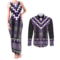 Purple Taniko Pattern Aotearoa Couples Matching Tank Maxi Dress and Long Sleeve Button Shirt Niho Taniwha Mix Poutama LT14 Purple - Polynesian Pride