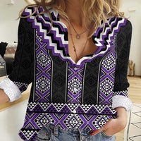 Purple Taniko Pattern Aotearoa Women Casual Shirt Niho Taniwha Mix Poutama LT14