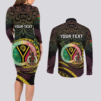 Personalised Vanuatu Couples Matching Long Sleeve Bodycon Dress and Long Sleeve Button Shirt Yumi 45th Hapi Independens Dei - Black Version LT14 - Polynesian Pride