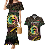 Personalised Vanuatu Couples Matching Mermaid Dress and Hawaiian Shirt Yumi 46th Hapi Independens Dei - Black Version LT14 Black - Polynesian Pride