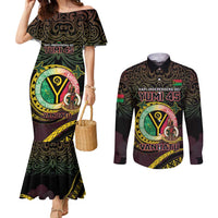 Personalised Vanuatu Couples Matching Mermaid Dress and Long Sleeve Button Shirt Yumi 45th Hapi Independens Dei - Black Version LT14 Black - Polynesian Pride