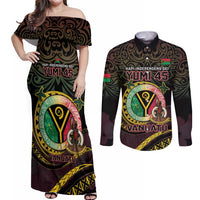 Personalised Vanuatu Couples Matching Off Shoulder Maxi Dress and Long Sleeve Button Shirt Yumi 45th Hapi Independens Dei - Black Version LT14 Black - Polynesian Pride