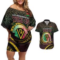 Personalised Vanuatu Couples Matching Off Shoulder Short Dress and Hawaiian Shirt Yumi 45th Hapi Independens Dei - Black Version LT14 Black - Polynesian Pride