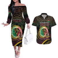 Personalised Vanuatu Couples Matching Off The Shoulder Long Sleeve Dress and Hawaiian Shirt Yumi 45th Hapi Independens Dei - Black Version LT14 Black - Polynesian Pride