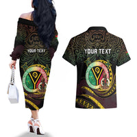 Personalised Vanuatu Couples Matching Off The Shoulder Long Sleeve Dress and Hawaiian Shirt Yumi 45th Hapi Independens Dei - Black Version LT14 - Polynesian Pride