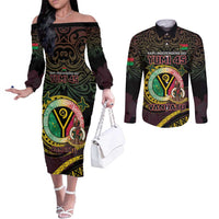 Personalised Vanuatu Couples Matching Off The Shoulder Long Sleeve Dress and Long Sleeve Button Shirt Yumi 45th Hapi Independens Dei - Black Version LT14 Black - Polynesian Pride