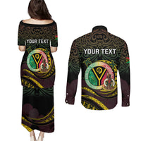 Personalised Vanuatu Couples Matching Puletasi and Long Sleeve Button Shirt Yumi 46th Hapi Independens Dei - Black Version LT14 - Polynesian Pride