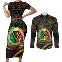 Personalised Vanuatu Couples Matching Short Sleeve Bodycon Dress and Long Sleeve Button Shirt Yumi 46th Hapi Independens Dei - Black Version LT14 Black - Polynesian Pride