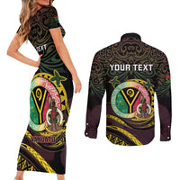 Personalised Vanuatu Couples Matching Short Sleeve Bodycon Dress and Long Sleeve Button Shirt Yumi 45th Hapi Independens Dei - Black Version LT14 - Polynesian Pride