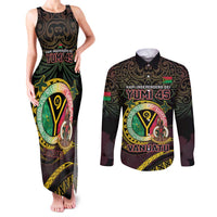 Personalised Vanuatu Couples Matching Tank Maxi Dress and Long Sleeve Button Shirt Yumi 45th Hapi Independens Dei - Black Version LT14 Black - Polynesian Pride
