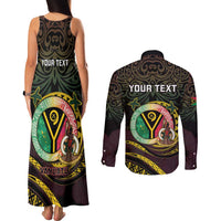 Personalised Vanuatu Couples Matching Tank Maxi Dress and Long Sleeve Button Shirt Yumi 45th Hapi Independens Dei - Black Version LT14 - Polynesian Pride