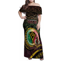 Personalised Vanuatu Family Matching Off Shoulder Maxi Dress and Hawaiian Shirt Yumi 45th Hapi Independens Dei - Black Version LT14 Mom's Dress Black - Polynesian Pride